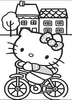 dla dziewczynek do wydruku kolorowanki hello kitty numer 9, kotek z kokardką pędzi na fajnym rowerku, w tle domek